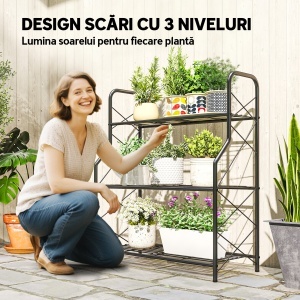 Suport pentru Plante Vertical cu 3 Niveluri, cu Suporturi Laterale în X, Suport Ghivece cu Mânere Integrate din Metal pentru Interior și Exterior, 69x28.5x78 cm, Negru - Img 4