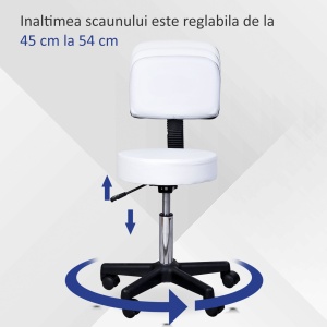 Taburet Bar – Alb, cu Spatar inalt & inaltime Reglabila - Img 5