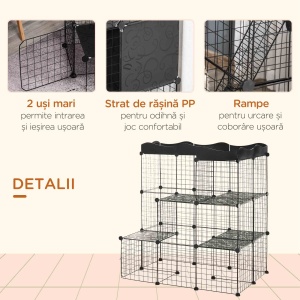 Țarc Modular pentru Animale de Talie Mică, cu Panouri și Accesorii, 105x70x116 cm, Negru - Img 5
