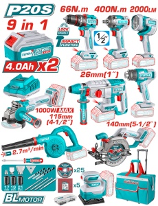 TOTAL - KIT COMBO 20V - 4.0Ah - BORMASINA, MASINA INSURUBAT, POLIZOR UNGHIULAR, ROTOPERCUTOR, FIERAS