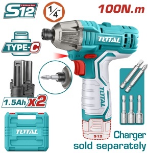TOTAL - MASINA DE INSURUBAT CU IMPACT SI ACUMULATOR 12V-1.5AH LI-ION (2 ACUMULATORI) - HEX 1/4