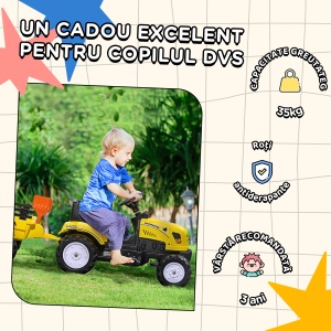 Tractor de Pedalat pentru Copii de 3+ Ani cu Remorcă, Greblă, Lopată și Claxon, 133x42x51 cm, Galben - Img 7