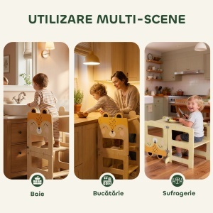 Turn Montessori pentru Copii 2-5 Ani cu Tablă și Măsuță, Scăunel pentru Copii din Placaj, 57x39x93 cm, Culoare Lemn - Img 6