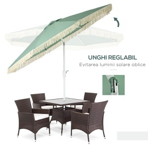 Umbrelă de Grădină Înclinabilă cu Franjuri, Manivelă şi Tijă în 2 Secţiuni, Ø2.65x2.45 m, Verde - Img 4