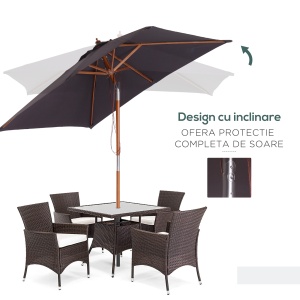 Umbrela de Gradina Rabatabila 2x1.5m, 6 Stinghii si Stalp din Lemn de Brad Deschidere cu Coarda, Gri Inchis - Img 4
