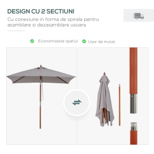 Umbrela de Gradina Reglabila Design Modern di Lemn 2x1.5m, Gri - Img 7