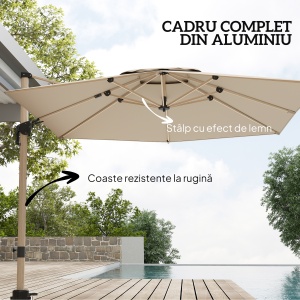 Umbrelă de Grădină Suspendată Înclinabilă cu Bază în Cruce UPF50+, Kaki - Img 9