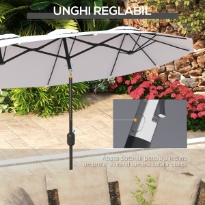Umbrela de soare de gradina basculabila dubla cu deschidere cu manivela, copertina cu orificii cu ventilatie si 12 nervuri, 295x152x222cm, alb - Img 4