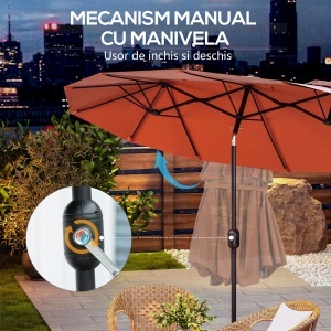 Umbrela de soare de gradina basculabila dubla cu deschidere cu manivela, copertina cu orificii de ventilatie si 12 nervuri, 295x152x222cm, rosu - Img 6