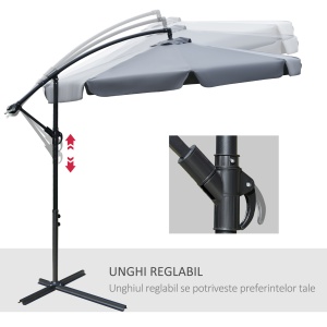 Umbrela de Soare pentru Gradina cu Brat Parasolar din Metal, Baldachin din Poliester Reglabil si Deschidere cu Manivela, Φ265x265cm, Gri - Img 5