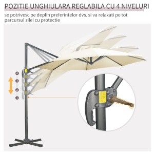 Umbrela de Soare pentru Gradina Descentrata cu Inclinare Reglabila si Pivotanta la 360°, Ø293x248cm Alb Crem - Img 5