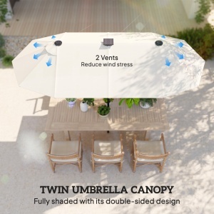 Umbrelă dublă, umbrelă terasă, înclinabilă, cu panou solar, 35 LED-uri, cadru din oțel, bej, 2,92 x 1,50 x 2,18 m - Img 6