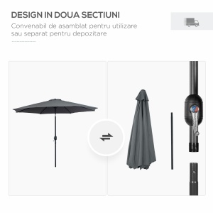 Umbrelă Rotundă de 300x250cm cu Manivelă și Funcție de Înclinare, Umbrelă de Grădină, Terasă, Exterior, Metal și Poliester Gri Închis - Img 6