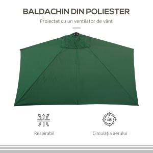 Umbrelă Semicirculară de Perete cu Deschidere cu Manivelă şi Orificii de Ventilaţie, 230x130x245 cm, Verde - Img 7