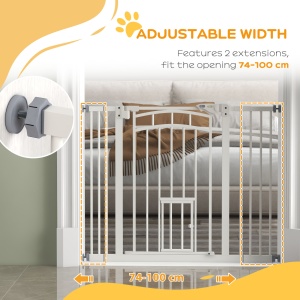 Uşa de Siguranţă pentru Câini, Barieră pentru Animale de Companie cu Ușă Mică pentru Pisici, 74-100x76 cm, Alb - Img 7