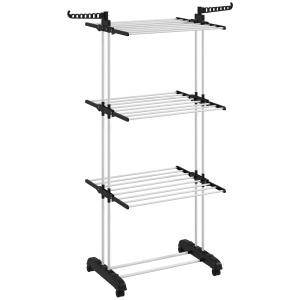 Uscător de Rufe Tip Turn cu 4 Niveluri, Suport pentru Uscat Rufe cu Aripi Laterale Pivotante și 4 Roți, 73x64x177 cm, Negru