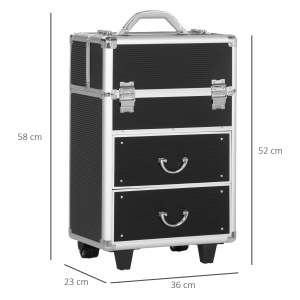 Valiza de make-up profesional din aluminiu si otel armat, cu incuietoare cu 2 chei si roti, negru 36x23x58cm - Img 3