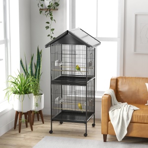 Volieră pentru Păsări cu Roți, Tăvi Detașabile din Plastic și Stinghii, Colivie pentru Canari din Metal, 168 cm, Negru - Img 2