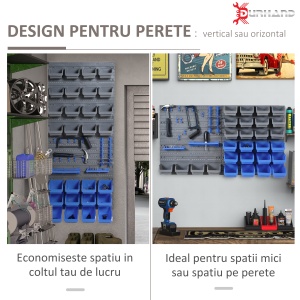 44 de piese, montat pe perete, set de suport pentru unelte, cu cosuri de depozitare de diferite dimensiuni, panou de perete si carlige, albastru - Img 3