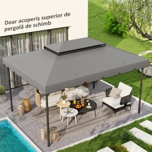 Acoperiș de Rezervă pentru Pavilion 4x3 m cu 2 Niveluri pentru Grădină, Copertină Rezistentă la Apă din Poliester 170g/㎡ cu 8 Găuri de Drenaj, Gri Deschis - Img 2