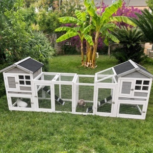 Adapost din Lemn pentru Iepuri pentru Exterior cu 2 Custi si Zona Deschisa Imprejmuita cu Usi si Rampe, 259x64x92 cm, Gri - Img 8