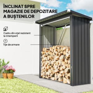 Adăpost pentru Lemne din Oțel cu Bază Ridicată și Acoperiș Inclinat Gri - Img 4