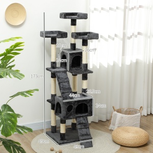 Albero Tiragraffi per Gatti con Due Cucce in Peluche e Sisal, Grigio, 50x50x170cm - Img 3
