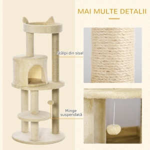Ansamblu de Joacă pentru pisici adulte cu căsuță spațioasă și platformă, 104 cm, Crem - Img 5