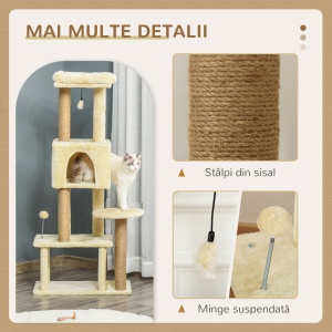 Ansamblu de joacă pentru Pisici Înalt 136 cm cu Căsuță Detașabilă, Căsuță și Pătuț, Stâlpi din Iută, Bej - Img 5