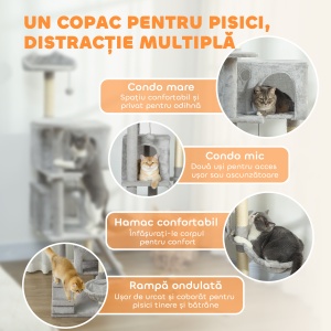 Ansamblu de Joaca pentru Pisici Înalt de 140 cm cu 2 Căsuțe, Hamac, Pat și Stâlpi din Sisal, Gri - Img 4