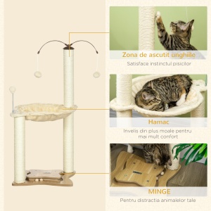 Ansamblu pentru pisici de interior Turn de joaca pentru pisici cu stalpi de zgariat din sisal Jucarie cu minge de hamac, bej, 53,5x53,5x90 cm - Img 5