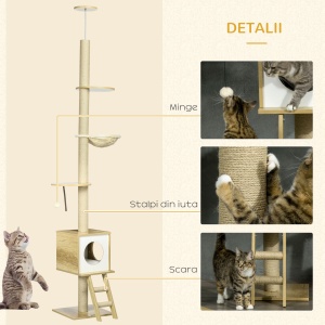Ansamblu pentru pisici din PAL reglabil in inaltime cu stalp de zgariat pentru pisici, hamac pentru pisici si minge de joaca, 40x40x225-285cm - Img 7
