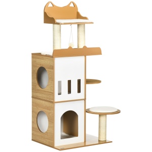 Ansamblul pentru pisici MDF cu stalpi de zgariat din sisal, 2 casute pentru pisici, platforme si minge de joaca, 60x48x133 cm, alb si stejar - Img 1