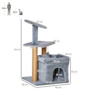 Arbore de zgariat pentru Pisici cu Stalpi din Franghie de Iuta, Casuta si Perna pentru Pisici, Husa din Plus, Inaltime 84 cm - Gri - Img 3
