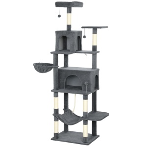 Arborele pentru Pisici mare, 202 cm, cu 6 Stâlpi de Zgâriat, 2 Hamace, 2 Stinghii, 2 Pompoane, Gri inchis - Img 1