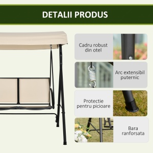 Balansoar cu 2 Locuri de Gradina pentru Exterior, 140x118x162cm Bej - Img 7