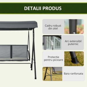 Balansoar cu 2 Locuri de Gradina pentru Exterior cu Baldachin Reglabil si Sezuta din Textilen, 140x118x162cm Gri - Img 6