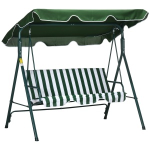 Balansoar de Gradina 3 Locuri Acoperis Parasolar si Structura din Otel si Poliester, 172x110x153 cm, Alb si Verde - Img 1