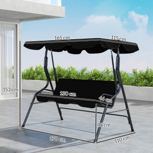 Balansoar de Grădină 3 Locuri cu Acoperiș Reglabil și Perne Moi din Poliester, Capacitate 240 kg, 170x110x153 cm, Negru - Img 3