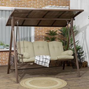 Balansoar de Gradina 3 Locuri din Otel si Poliester cu Baldachin Rabatabil din PC si Perne pentru Spatar si Brate, 208x120x174 cm, Maro si Kaki - Img 2