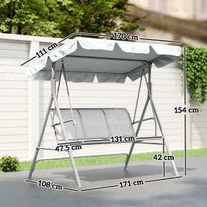 Balansoar de grădină 3 locuri Hollywoodschaukel cu acoperiș din metal gri+argintiu 170 x 110 x 153 cm - Img 3