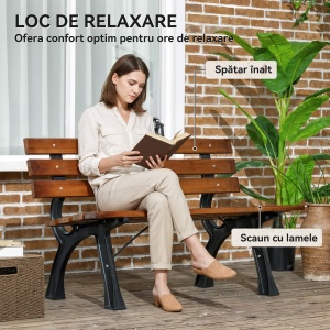 Bancă cu 2 locuri, pentru grădină și terasă, fontă de aluminiu + lemn natural, 120 x 57 x 70 cm, Maro - Img 4