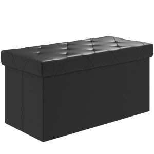 Bancă Cutie de Depozitare Pliabilă, Bancă Taburet cu Capac și Înveliș din Piele Ecologică, 76x38x38 cm, Negru
