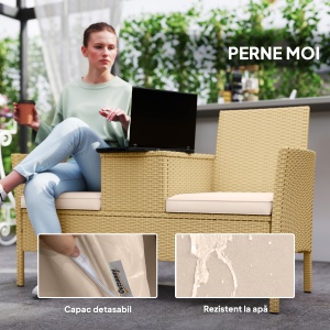 Bancă de Exterior cu Măsuță Rabatabilă și Spațiu Depozitare Crem și Kaki - Img 7