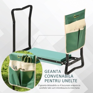 Bancă de grădină 2 în 1 cu protecție pentru genunchi, pernuțe din spumă EVA și geantă pentru depozitare, 58x28x49 cm, Verde - Img 6