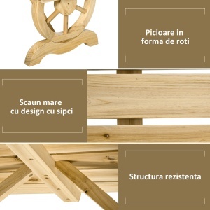 Bancă de Grădină cu 2 Locuri, Design cu Roți, Bancă de Exterior din Lemn de Brad, pentru Terasă, Patio și Curte, 98x50x39,5 cm, Aspect Lemn Natural - Img 4