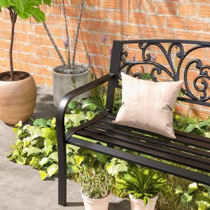 Banca de gradina din metal cu spătar decorat, 127x60x87cm – negru - Img 7