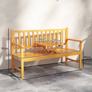 Bancă de Grădină pentru 2-3 Persoane din Lemn de Pin, Bancă de Exterior cu Măsuță Rabatabilă și Brațe, pentru Balcon și Terasă, 153x56x91 cm, Maro Deschis - Img 3