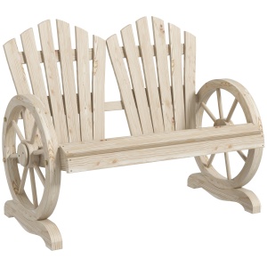 Bancă de Grădină pentru 2 Persoane cu Mânere în Formă de Roată, Bancă de Exterior din Lemn de Brad, pentru Terasă și Curte, 108x66x95 cm, Finisaj Lemn Natural - Img 1