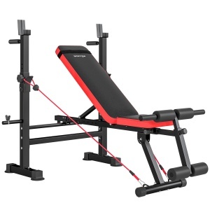 Bancă Fitness cu Suport pentru Greutăți, Spătar și Șezut Reglabile, Dip Station, Capacitate 420kg